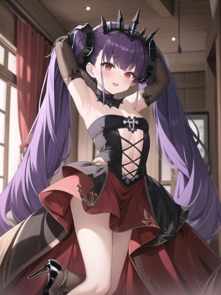 (hyper extreme detailed),(masterpeace),(best quality),(hyper extreme),CG,indoors,bedroom,1girl, <lora:Felix_Schultz:1>Felix_Schultz,purple hair,twintails,tiara,red eyes, black dress,long skirt,elbow gloves,high heels, petite,