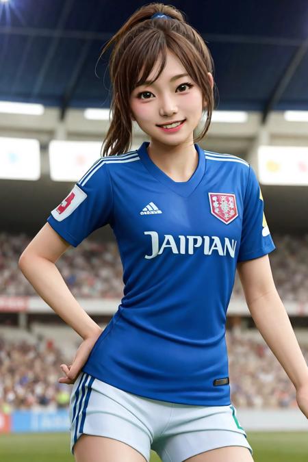 a japanese girl in soccer uniform, wearing soccer uniform, japan national football team, blue shirt, white shorts, stadium, lights, daytime, looking at viewer, smile, posing, (((best quality, masterpiece))),high resolution, extremely detailed, trending on pixiv, masterpiece, cinematic lighting, anime art style,  <lora:soccer_uniform:0.5>