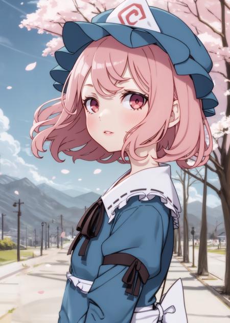 1girl, solo, saigyouji yuyuko, looking at viewer, blush, short hair, long sleeves, hat, upper body, pink hair, flower, frills, parted lips, japanese clothes, pink eyes, kimono, mob cap, cherry blossoms, blue headwear, blue kimono, triangular headpiece, frilled kimono
<lora:kame_rebake_modern_v2-000020:1>