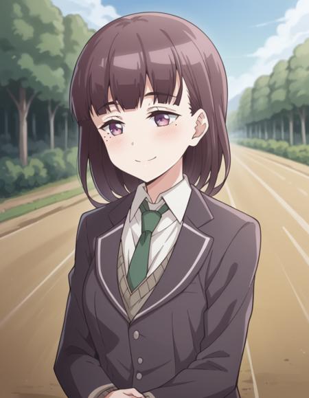 hazuki morikawa, brown hair, purple eyes, medium hair, mole, mole under eye, medium breasts, skirt, shirt, school uniform, jacket, white shirt, necktie, collared shirt, blazer, green necktie,