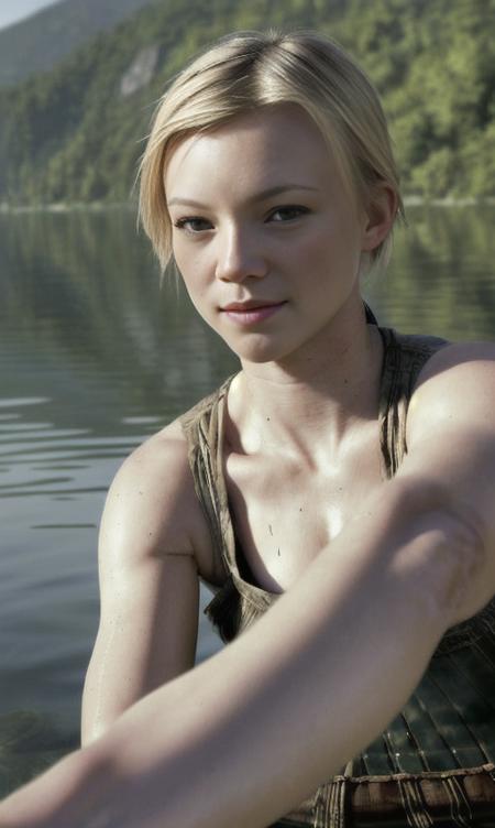 portrait photo of amysmart  sitting in a canoe on a peaceful lake beside the shore, (masterpiece), (best quality), (detailed), (8k), (HDR), (wallpaper), (cinematic lighting), (sharp focus), (intricate), (closeup)