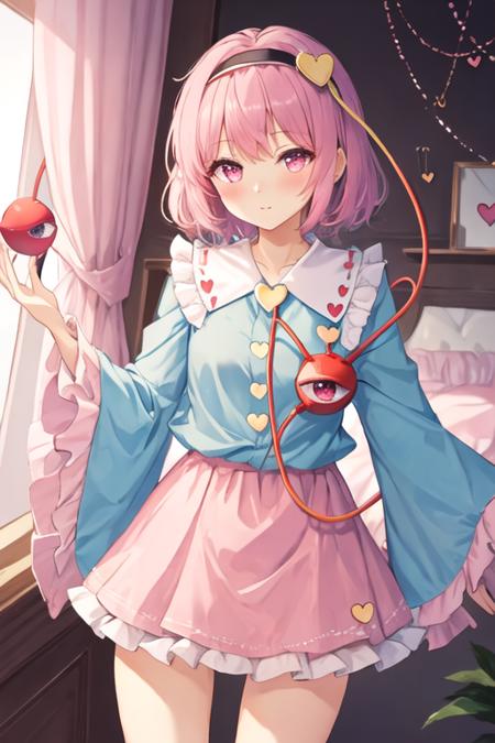 best quality, masterpiece, highres, solo, {komeiji_satori_touhou:1.15}, heart, short_hair, hairband, pink_hair, third_eye, pink_eyes, blush, hair_ornament, heart_hair_ornament