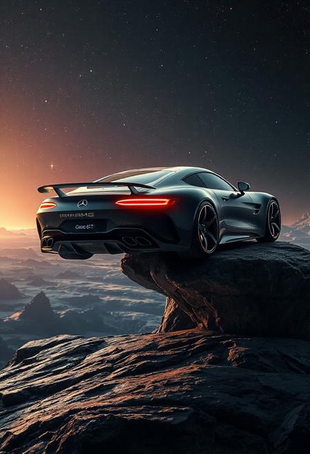 Mercedes-AMG ONE GT floating in outer space, ultra-realistic 4K render with high detail. The car has a pitch black and white color scheme, glowing red rear lights and neon blue front headlights. The car is levitating above a rugged asteroid, without contact to the surface. It is illuminated by distant stars, galaxies, and cosmic dust, casting subtle reflections on its sleek surface. Deep space lighting, realistic shadows, and a cinematic sci-fi atmosphere. The background features a cosmic environment with stars, nebulae, and distant celestial bodies. Emphasis on photorealism, weightless suspension, and dramatic lighting that enhances the futuristic vibe