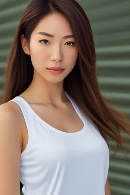 1 Girl, anime facial structure, beautiful asian eyes, green eye, cute face, Tank Top Upper,has breasts, photorealistic, photorealistic, ultra-detailed, finely detailed, high resolution,very long messy hair, perfect dynamic composition