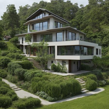 a single house on a hill, the house is entirely made of an element from the elemental table, high detail, hdr, elemental garden, complex house design