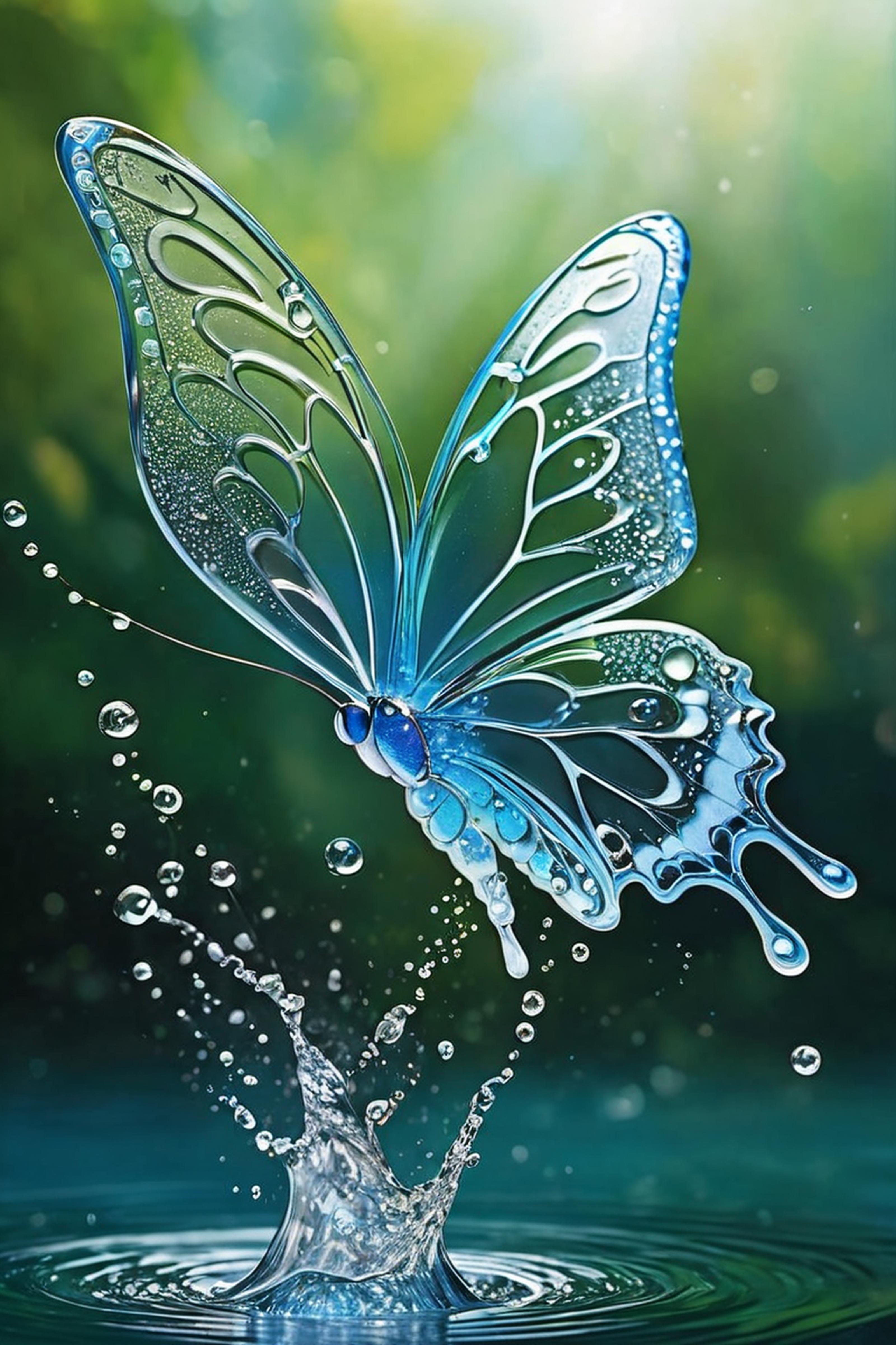 A beautiful blue butterfly is flying through water droplets, creating a mesmerizing scene.