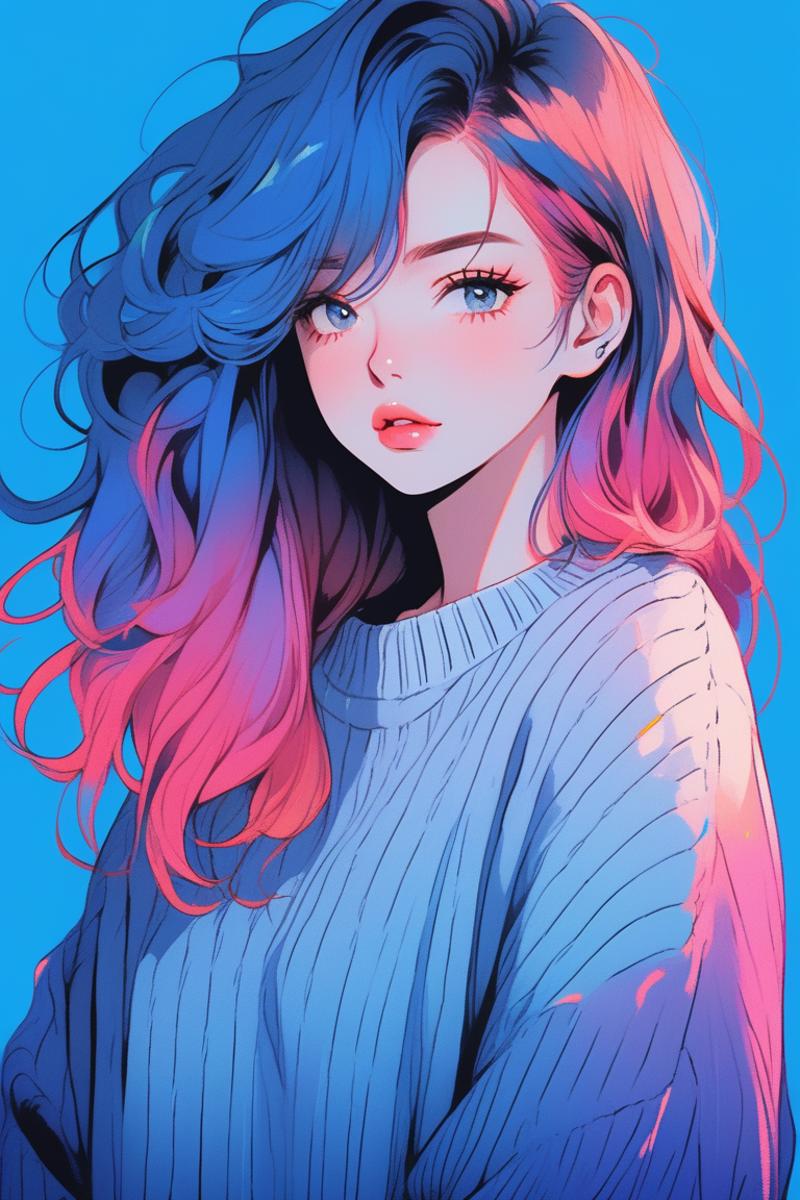 A blue and pink illustration of a woman with long hair wearing a sweater.