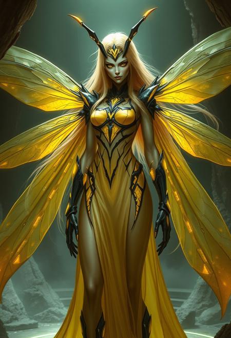 (masterpiece, best quality), Vesperia from Primal Hunter, humanoid vespernat queen, tall and commanding female form, approximately 2.3 meters tall, long flowing golden hair, black eyes with radiant yellow irises, short black antennae with slightly yellow glow at the tips rising from her forehead, sheer wasp-stripe dress in alternating translucent yellow and black, dress flowing elegantly around her limbs, chitinous yellow-and-black accents peeking through the fabric like armor, regal and alien beauty, lean muscular proportions with insectoid undertones, high fantasy science fiction setting, standing on a raised bioluminescent platform in her hive, dignified, elegant yet unnerving presence, aura of psionic command, digital painting, highly detailed concept art, fantasy xenoqueen, by greg rutkowski and wlop
