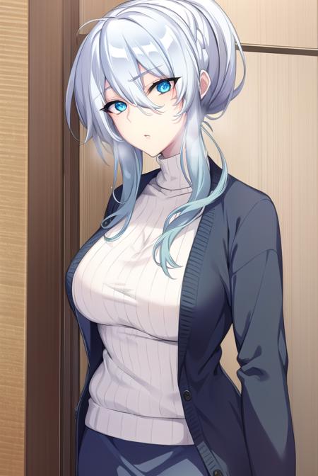 yukionayukino, <lyco:yukionayukino-lyco-nochekaiser:1>,
yuki ona yukino, long hair, bangs, blue eyes, hair between eyes, blue hair, ponytail,
BREAK skirt, long sleeves, black skirt, sweater, turtleneck, ribbed sweater, white sweater, cardigan, blue cardigan, open cardigan,
BREAK indoors, bed,
BREAK looking at viewer, (cowboy shot:1.5),
BREAK <lyco:GoodHands-beta2:1>, (masterpiece:1.2), best quality, high resolution, unity 8k wallpaper, (illustration:0.8), (beautiful detailed eyes:1.6), extremely detailed face, perfect lighting, extremely detailed CG, (perfect hands, perfect anatomy),