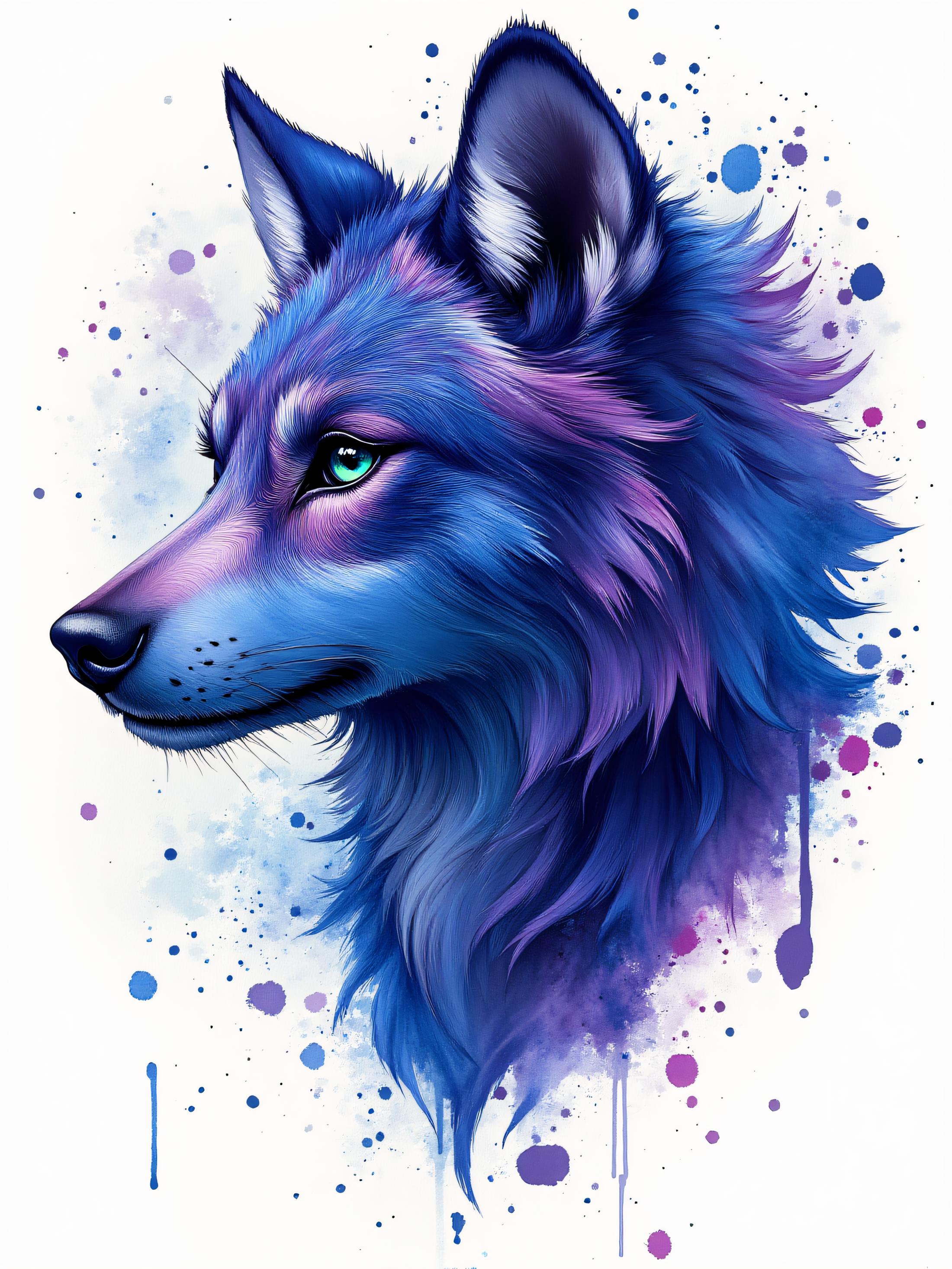 ArsMJStyle, watercolor with bold colors and splatter effects, A fierce wolf's head in profile, painted with intense shades of deep blue and violet. The fur is detailed with fine brushstrokes, while the background features dramatic splashes of paint in contrasting dark and light tones, creating a sense of energy and movement.