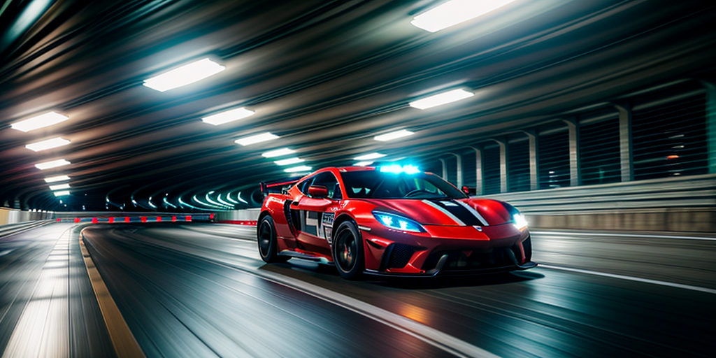 modern sport car (motion blur), wheel focus, driving on the highway, shot from a low angle, soft natural lighting in underground city, need for speed, police lights flashing