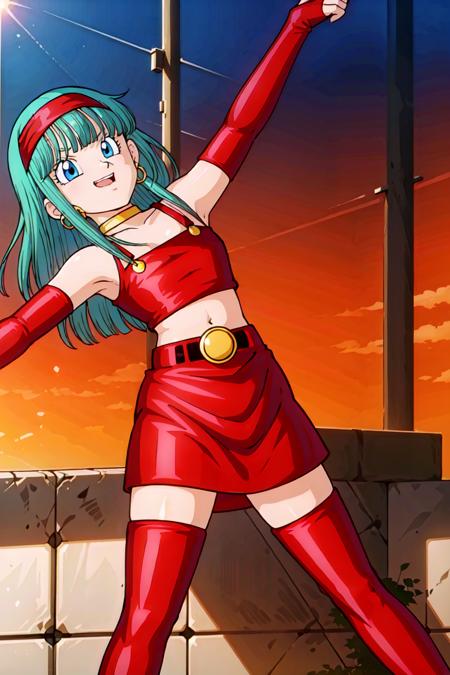 bulla, aqua hair, blue eyes, red hairband, hoop earrings,  gold choker, bare shoulders, red leather crop top, midriff, belt, red elbow gloves, red leather skirt, red thigh boots