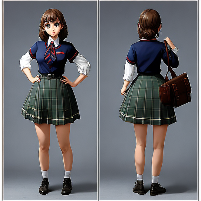 21CharTurnerV2 character turnaround of russian 18 year old girl wearing school uniform, buttoned shirt, pleated skirt, bar...