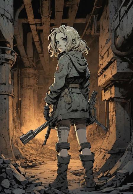 sfw, anime, 2d, thick lines, ink style, dim light, natural backlighting, in a dark smoky old bunker from 1940, brutalist, cement, concrete, steel pipes, aluminium ducts, dirty, greasy, rusty, illustration drawing of a  platinum blond gothic mecanics girl, 18 yo, (handling a wench:1.5), (fixing a mechanic motor:1.5), (black thighighs:1.5), (short white miniskirt:1.5), (black mini croptop:1.5), (iron collar:1.5), (bangles:1.5), (black leather aviator goggles:1.5), small perky breasts, round hips, big ass, fat thighs, bob haircut, middle parted, short pointy front bangs, haunted sinister expression, slightly parting lips, detailed face, intricately detailed, dramatic LUT