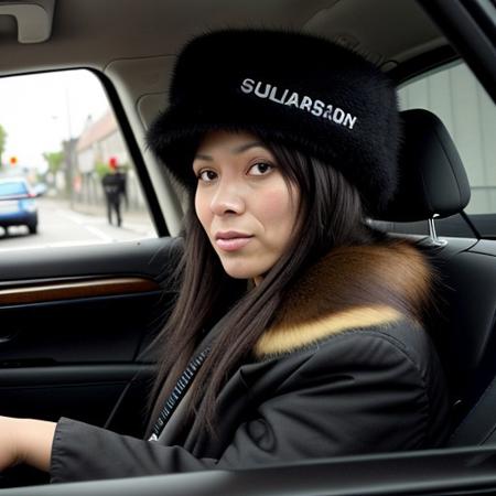 Norwegian police station chief, a sultry tall tough-as-nails sexy woman, 40 years old, long black hair, some wrinkles, pasty skin, beautiful but in a severe way, small tits, full-body view, fur hat, stopping a drunk driver and hitting him with a baton