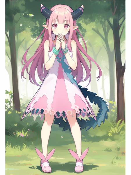 <lora:milleaf:1> milleaf, 1girl, solo, pink hair, long hair, horns, tail, pointy ears, pink eyes, smile,  shoes, dress, full body, jewelry,  bracelet, own hands together,
forest,