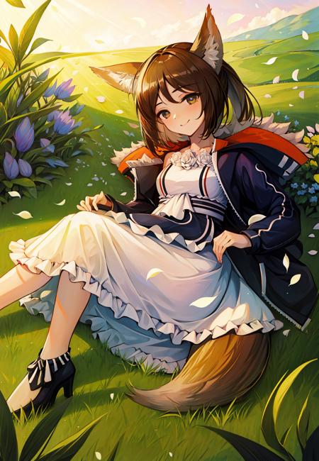 ((masterpiece,best quality)), highres, 1girl, perfumer, open jacket, fox tail, smile, closed mouth, garden, petals, leaf, lying, on grass