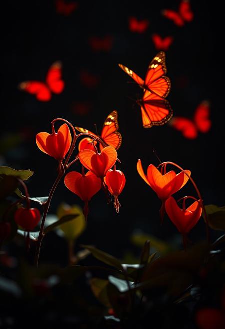 Vibrant orange Bleeding Hearts flowers and glowing red butterflies dance against a pitch-black background in this cinematic masterpiece. Shot in stunning 4K with ray tracing and intricate details, the scene is bathed in dramatic light with a shallow depth of field, emphasizing the hyper-realistic blooms. Cinemascope framing and film grain add to the high-budget aesthetic, while bokeh highlights the surreal, painterly quality. The result is an otherworldly Editorial Photo worthy of 8K RAW.