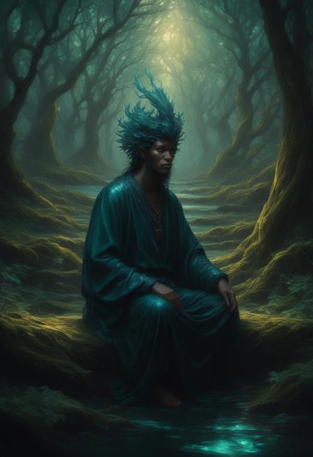 A captivating digital painting with  ((obsidian Jade)), Sapphire, Sea Green, Gold, Teal, and Forest Green. Portraying an otherworldly forest with mythical creatures, illuminated by ethereal light. Rembrandt lighting at golden hour,  A deeply reflective scene of a traveler contemplating their journey, with a mystical and introspective obsidian atmosphere. Art by Brian Froud, with fantastical and highly detailed designs. PYS-XL