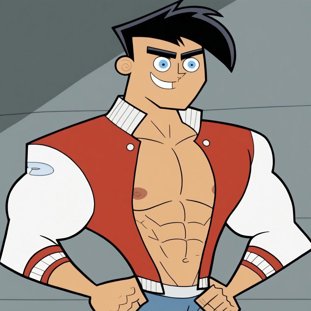 danny fenton,black hair,short hair,blue eyes,muscular, muscular male,confident smile,open red varsity jacket, white sleeves, shirtless,blue jeans