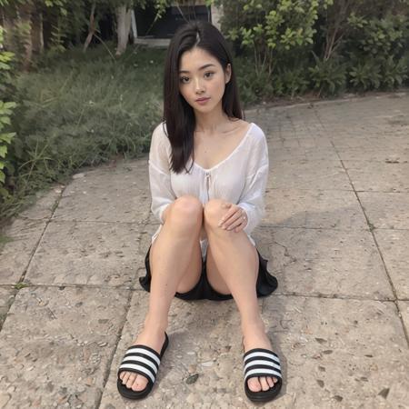 best quality, masterpiece, realistic, detailed skin, 1 girl, sitting, sitting on grass,pale skin, wearing slippers,legs,foot,korean female,photorealistic,3stripe slipper:1.4,hands behind back,female legs,skinny legs,spread legs, ,miniskirt,blouse,outdoors,dappled sunlight,park, skinny legs,light skin, 
<lora:3stripeSlippers:0.7>