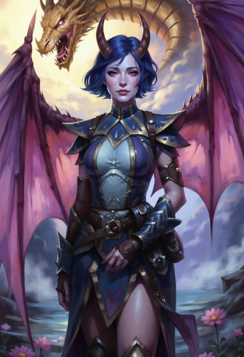 The image is in a vibrant, stylized impressionist art style. The subject is a woman with a serene expression, standing in fantastical landscape. She has short, dark blue hair with bangs framing her face, and two prominent, curved horns protruding from her forehead. Her skin is pale, and she has a slender build. She has red eyes. She has large, bat-like wings with a gradient of purple to pink membranes, extending from her back.  In the background, there  is a massive golden dragon