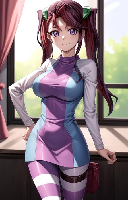 masterpiece, best quality, best aesthetic, anime, ultra detailed, yu-gi-oh! arc-v,
akaba_ray, 1girl, solo, long hair, twintails, purple eyes, (large breasts, medium breasts:1.2), long-sleeved shirt, hair ornament, dress, (pantyhose, striped legwear:1.2), thigh strap, cowboy shot, (smile, closed mouth:1.2), looking at viewer, hand on hip, bedroom, sunlight, window, <lora:rayakaba_yugioh_arcv:te=0.5@0.5,0.7@0.5,0.8@0.8:lbw=OUTALL:unet=1@0,0.7@0.5,0.8@0.8>, <lora:more_details:te=1@0,0.7@0.5,0.8@0.8:unet=0.5@0.5> :1.0