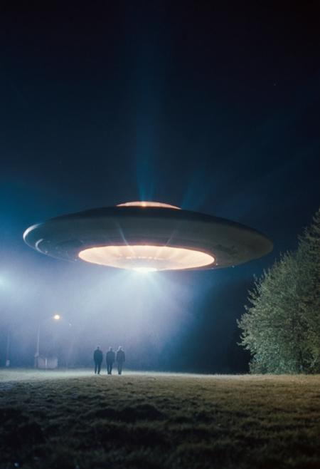 analog film photo XFiles, outdoors, big detailed UFO, eerie light, night, back light, 4k . faded film, desaturated, 35mm photo, grainy, vignette, vintage, Kodachrome, Lomography, stained, highly detailed, found footage