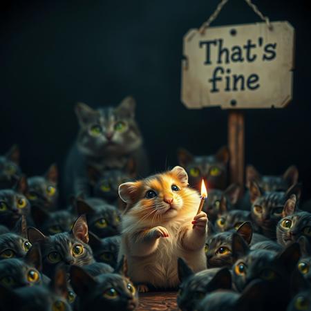 picture of a hamster and dark cold background with a sign, BREAK foreground on the top, (text:"That's fine" printed on a sign), BREAK
1hamster, tiny, cute, holds burning match, looks worried, light comes from match, match lights hamster, dimmed lighting, warm soft tones, single focus on hamster, hamster on the bottom, fills 1/4 of the picture, in the middle of the picture, 
BREAK (background dark and cold:1,3), (surrounded by many evil green cateyes:1.3), cats are big, (cats are barley visible:1.3), (background cold dark colors:1.1), background slightly blurred,