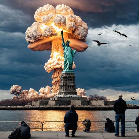 new york city, statue of libery, nuclear explosion in background, people watching in shock and awe, birds, end of the world, visually stunning, award - winning, intricate detail, photograph, iconic photo,  f/16, shutter speed 1/30 sec, iso100, white balance cloudy, exposure compensation    "-1.0 ev", shutter priority shooting mode, framing, focus mode single, center-weighted metering