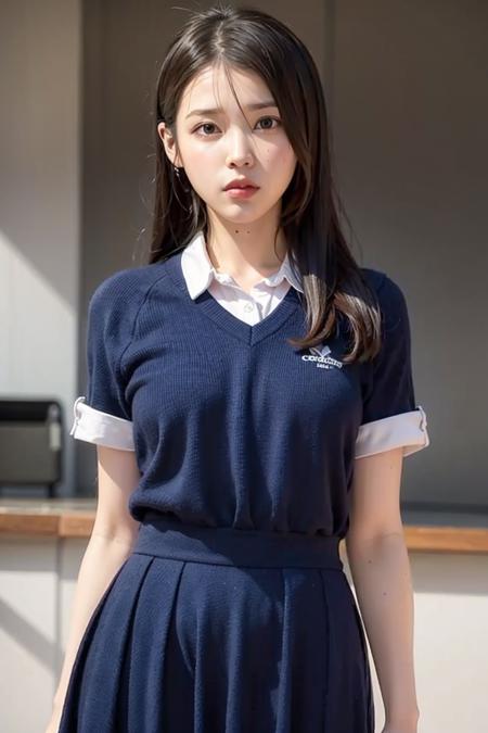 leejieun, school, (day:1.1), RAW,(8k, best quality, masterpiece:1.2),(intricate details:1.4),(photorealistic:1.4),octane render, complex 3d render ultra detailed, studio soft light, rim light, vibrant details, ultra detailed, realistic skin texture, detailed face, beautiful detailed eyes, extremely detailed CG unity 8k wallpaper, makeup, (detailed background:1.2), (cowboy shot:1.2),(perfect anatomy:1.2),(wide hip:1.1),(school uniform:1.2), <lora:iu-leejieun-v1:1>