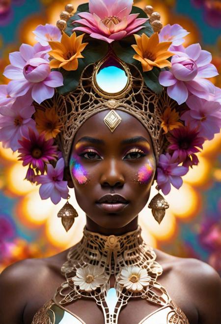 ethereal fantasy concept art mirrored imagery, [: portrait floating dark skin fairy (made of flowers :1.2), cyberpunk art, afrofuturism gold face tribal tattoo:3] [giant hat::8], selective focus, vray tracing, [faberge::18] metallic shell structure wrapped around colorful paint, filigree, rainbowcore,  fractal patterns BREAK sunset, city, magical ambient, magnificent, celestial, ethereal, painterly, epic, majestic, magical, fantasy art, cover art, dreamy
