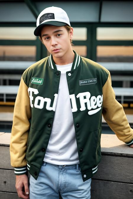 RAW photo, photo of justin_owen <lora:justin_owen-07:0.75> wearing a green letterman jacket a white t-shirt, and jeans, and backward cap, golden hour lighting, nostalgic, best quality, 4K, masterpiece, detailed, intricate