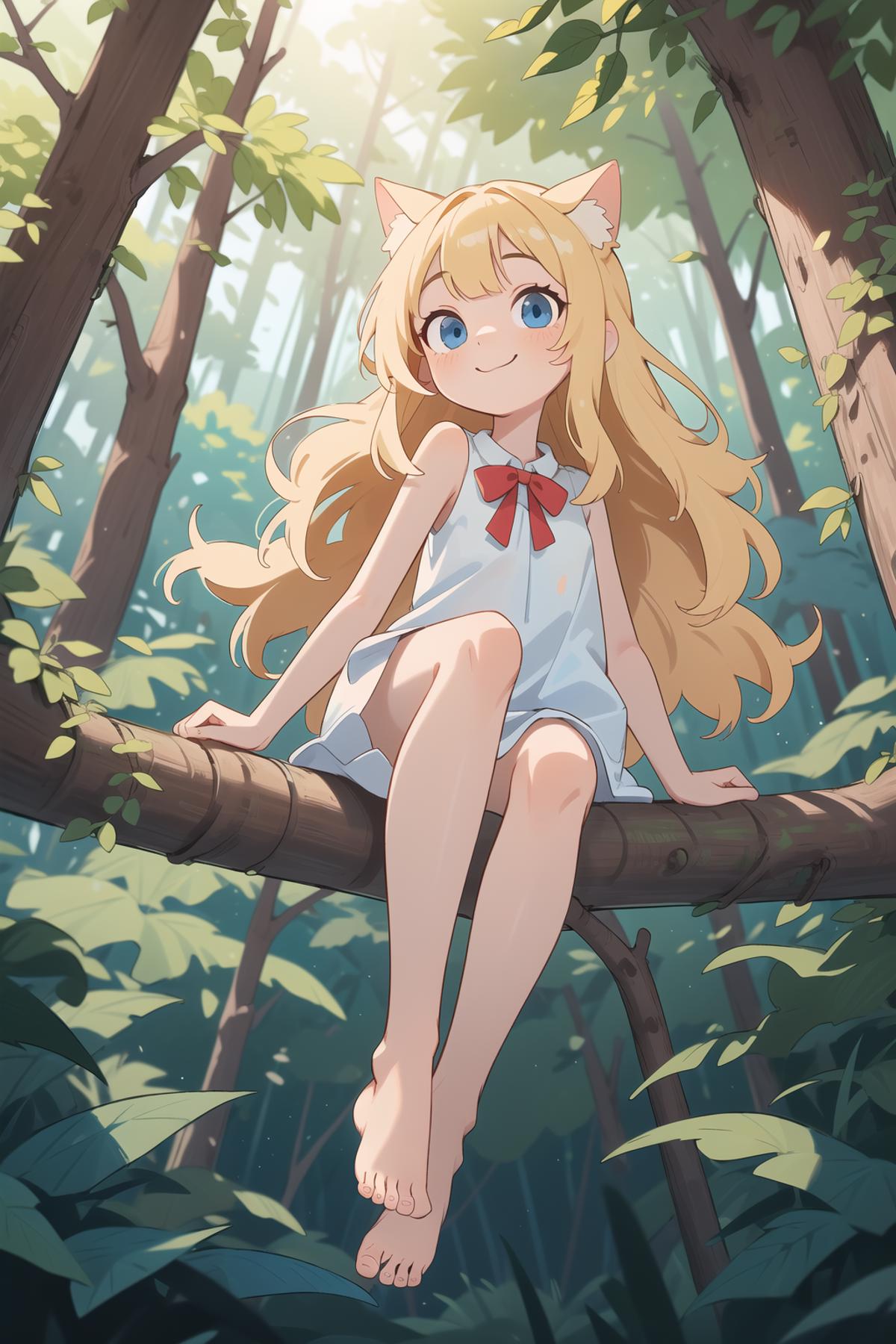 A cartoon girl with a blue dress and a red bow sits in a tree.