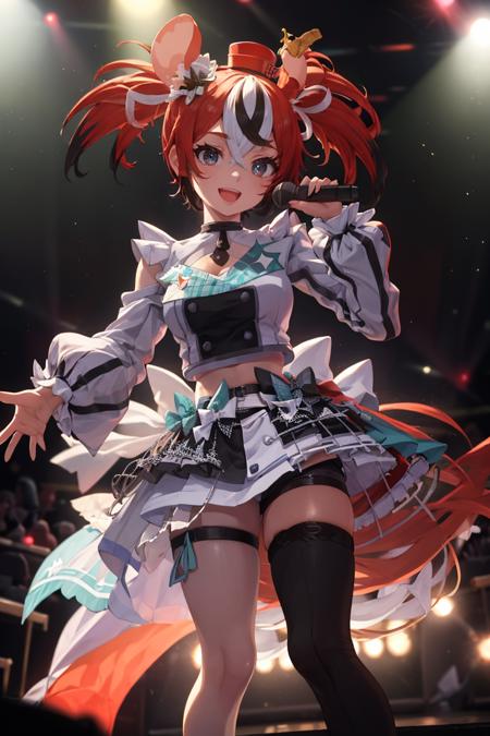 masterpiece, best quality, absurdres, BaelzIdol, twintails, mini hat, hololive idol uniform, bow, layered skirt, single sleeve, wrist cuffs, single thighhigh, on stage, holding microphone, smile, :d, concert, stage lights, <lora:HakosBaelz:1>