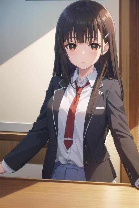 yumeirido, <lora:yume irido s1-lora-nochekaiser:1>,
yume irido, long hair, bangs, (black hair:1.5), hair ornament, (brown eyes:1.5), hairclip,
BREAK shirt, school uniform, jacket, white shirt, necktie, collared shirt, blazer, red necktie, red skirt, skirt,
BREAK indoors, classroom,
BREAK looking at viewer, (cowboy shot:1.5),
BREAK <lyco:GoodHands-beta2:1>, (masterpiece:1.2), best quality, high resolution, unity 8k wallpaper, (illustration:0.8), (beautiful detailed eyes:1.6), extremely detailed face, perfect lighting, extremely detailed CG, (perfect hands, perfect anatomy),