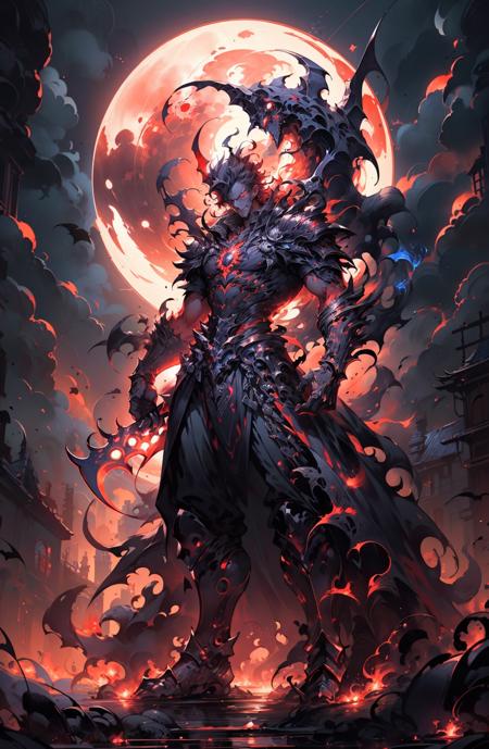 a demonic demon standing in front of a full moon with a sword in his hand and a scab - like head,fire,burning,embers,glowing,cloud,glowing eyes,crescent moon,male focus,flame,solo,night sky,full moon,weapon,sky,hunter \(bloodborne\),molten rock,moon,moonlight,night,red moon,red sky,red theme,spider lily,sun,1man,
<lora:deamonXP_v1.1-000015:0.8>,, ((best quality)),((masterpiece)),((highres)),((detailed)), original, extremely detailed 8K wallpaper,intricate details, hyperdetailed, hyper quality, high detail, ultra detailed,perfect lighting,, anime,comic,game CG,