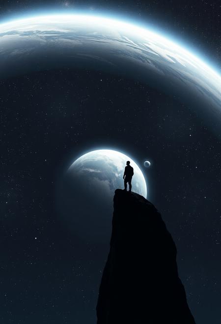 One shadowy figure standing on the edge of a cliff in space in solitude, gazing down at a planet below woundering if he's alone in the vast cosmos of reality ,  stars and galaxies  fill the background in representation of the deep endless sadness and loneliness that fills him to the core,