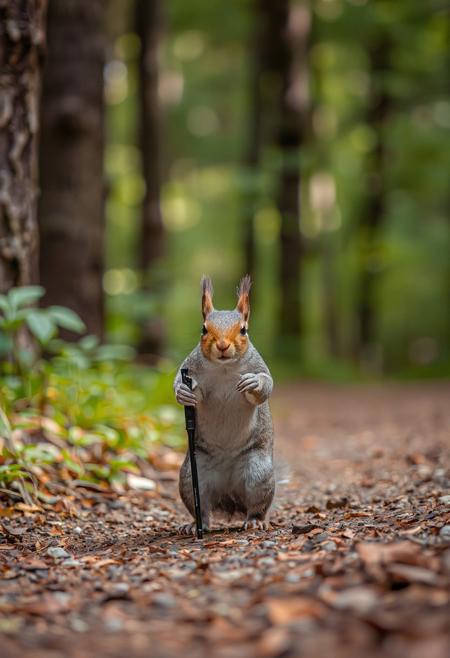 A grey squirrel hiking with a hiking pole on a beautiful forest trail