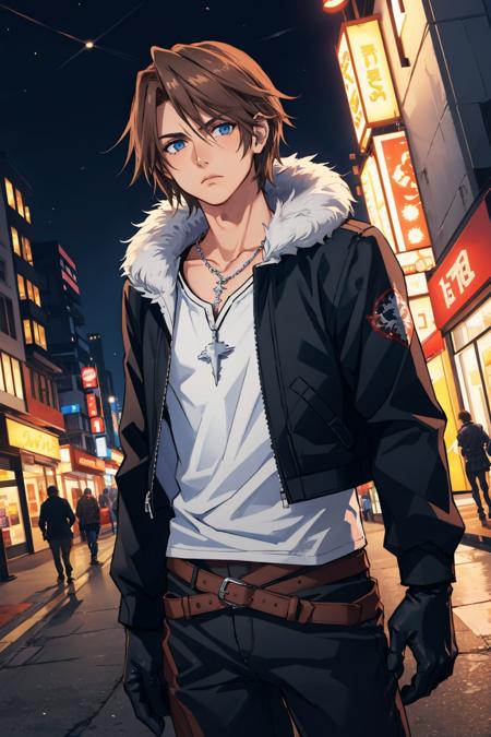 masterpiece, best quality, <lora:squall-nvwls-v1-000009:0.9> squall, scar, necklace, black jacket, fur trim, long sleeves, white t-shirt, black pants, black gloves, cowboy shot, looking at viewer, furrowed brow, dutch angle, night, city street