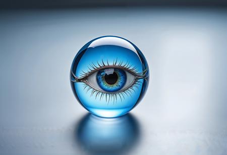 glass sphere eye with blue reflection on table, in the style of hyperrealistic fauna, realistic depictions of human form, uhd image, national geographic photo, industrial and product design, high resolution, bio-art