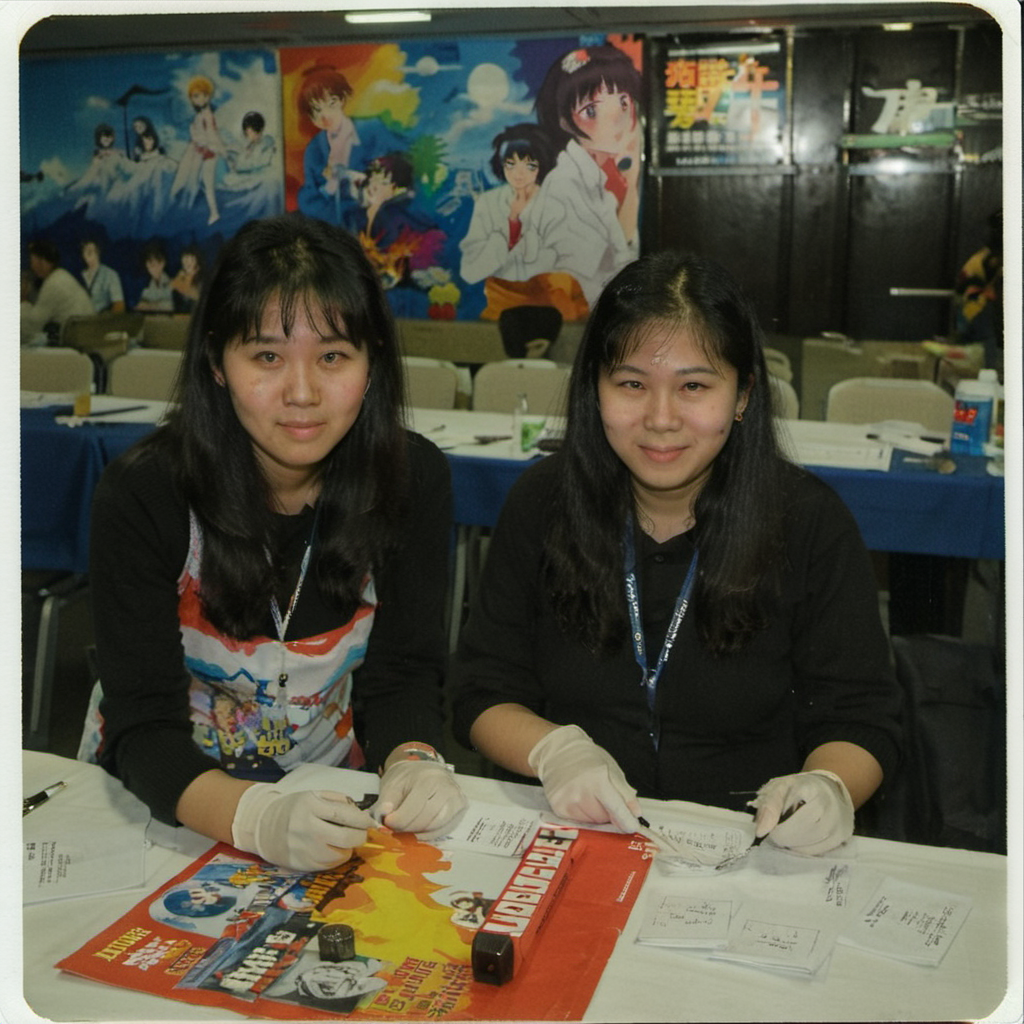 photo of two 25 year old korean women sitting at a anime conference in the afternoon in 1989. <lora:boring-v4-faces-versio...