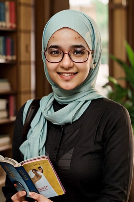 realistic girl,  wearing glasses,  holding a book,  wearing hijab, <lora:EMS-46028-EMS:1.000000>