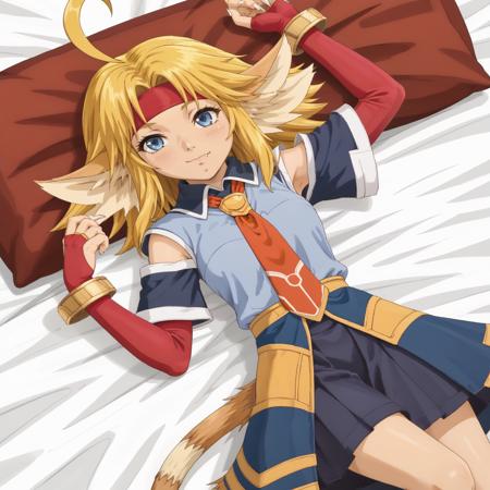 Nikki, beastgirl, blonde hair, ahoge, red headband, blue eyes, fang, animal ears, animal tail,  necktie, school uniform, bracelets, elbow fingerless gloves, pleated skirt, blue leg warmers, fur trim, barefoot, animal feet, foot claws,  giant hammer \(weapon\)