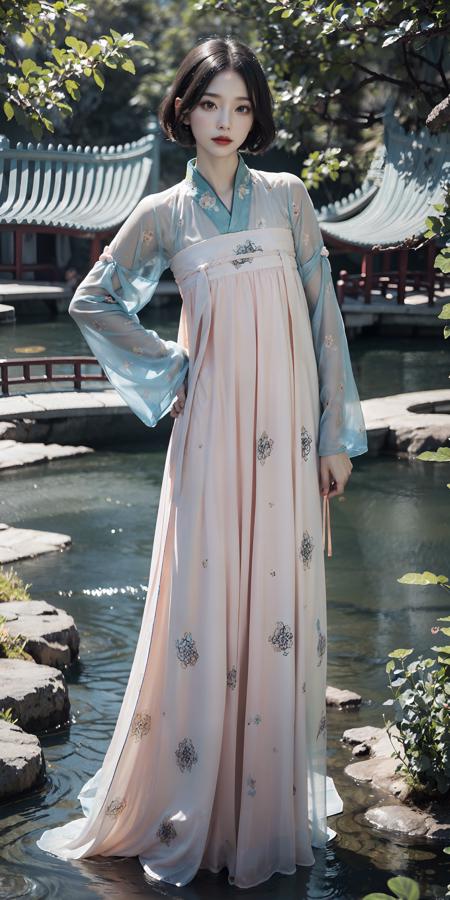 <lora:tang_hanfu:0.55>,(hanfu),(chinese clothes),((floral print)),((blue/yellow/pink/green/white/black magnificent print long sleeves)),((dark red print see-through dress)),1 girl,full body,(short hair),(realistic:1.7),((best quality)),absurdres,(ultra high res),(photorealistic:1.6),photorealistic,octane render,(hyperrealistic:1.2), (photorealistic face:1.2), (8k), (4k), (Masterpiece),(realistic skin texture), (illustration, cinematic lighting,wallpaper),( beautiful eyes:1.2),((((perfect face)))),(cute),(standing),(black hair),black eyes,red lips, outdoors,(chinese style countryard),(pond),<lora:JapaneseDollLikeness_v15:0.25>,