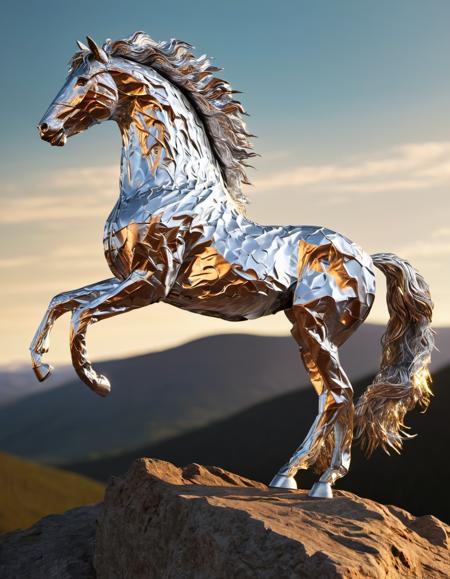 A majestic stallion made of tin foil, bathed in golden hour sunlight, standing proudly atop a windswept mountain peak. Its muscles ripple beneath its glossy coat, and its mane and tail flow wildly in the breeze. Rendered in a hyper-realistic, super detailed style, reminiscent of professional digital photography and concept art. Smooth, sharp focus emphasizes the intricate details of the horse's anatomy and the breathtaking landscape. The lighting mimics the Unreal Engine 5's dynamic ray tracing, casting dramatic shadows and highlighting the stallion's regal presence. The overall style leans towards an extreme illustration, showcasing the horse as a powerful and mythical creature. 
 <lora:TinFoilXL:1>