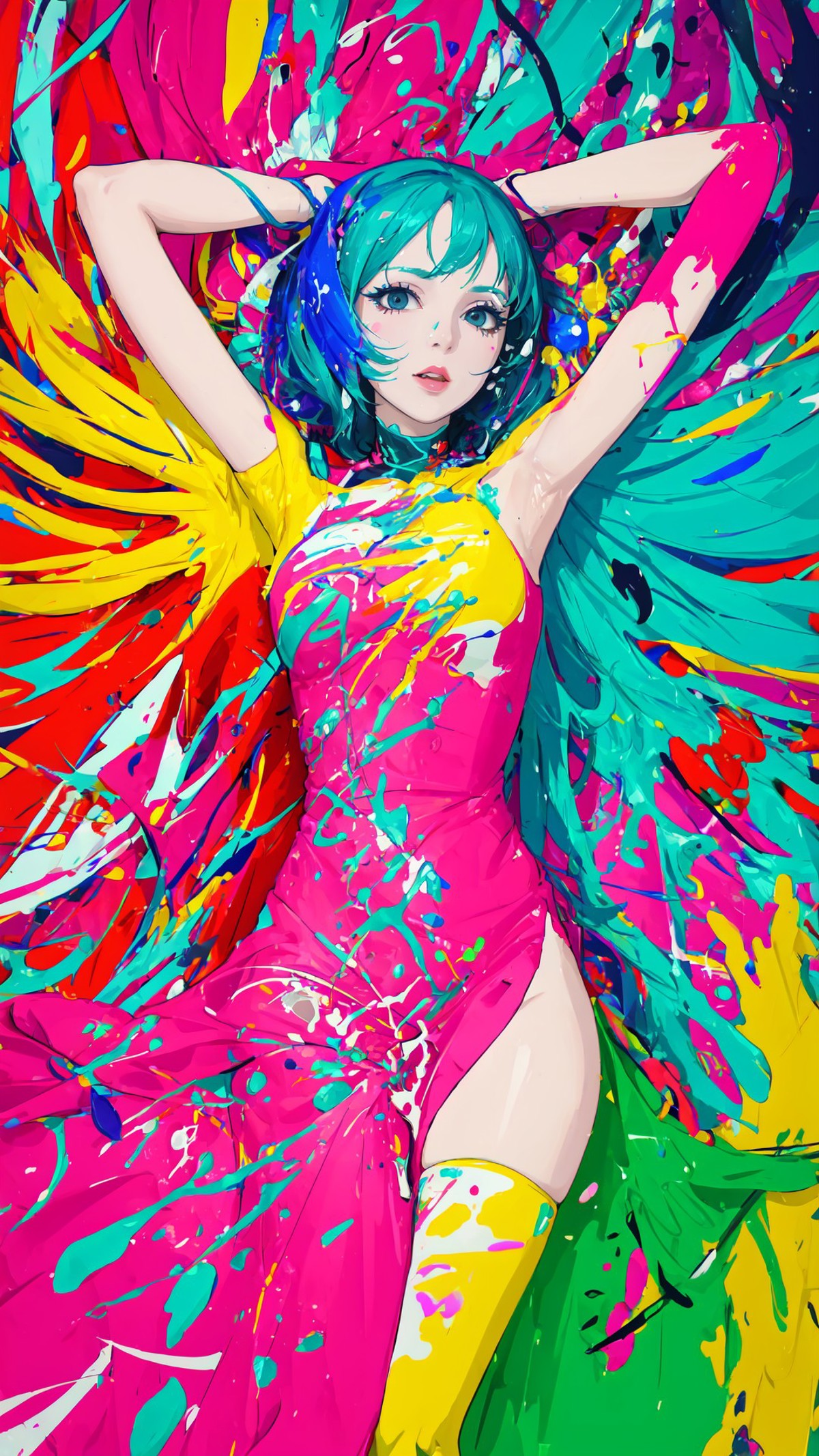 A blue-haired girl in a pink dress with wings painted on her back.