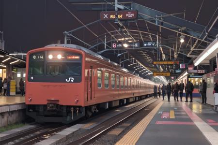 JRE201, train, night, train station, scenery, outdoors, building, railroad tracks, headlight