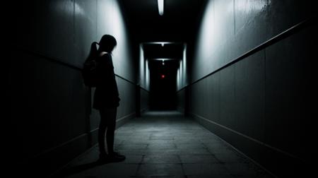 full body over the shoulder shot, black haired pale girl exploring a dark, ominous corridor, afraid, vulnerable, alone, shadows, darkness, unaware subject, oblivious subject, dynamic