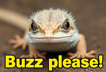 A cute fluffy lizard with big sad begging eyes, big text below that says "Buzz please"